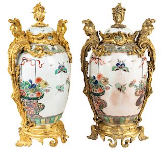 A PAIR OF MONUMENTAL FRENCH ORMOLU-MOUNTED CHINESE FAMILLE VERTE VASES, LIKELY SAMSON & CIE, PARIS