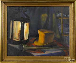 Oil on canvas still life of a top hat, hunting horn, and a lantern, 15 1/2'' x 19 1/2''.