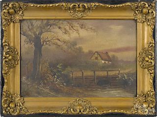 Oil on canvas landscape, ca. 1900, with a cottage, signed Hy Adams, 12'' x 18''.
