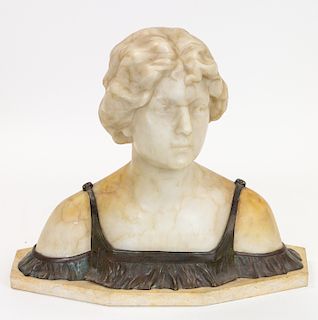 A BRONZE-MOUNTED ALABASTER BUST OF A WOMAN, EARLY 20TH CENTURY