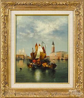 Continental oil on wood panel of a boat in Venice, initialed EL and dated 1902 lower left