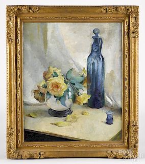 May Bartlett Fairchild (American 1872-1959), oil on canvas still life, titled The Mexican Bottle,