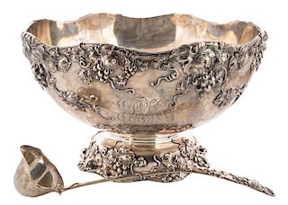 A THEODORE B. STARR SILVER PUNCH BOWL AND LADLE WITH TRAY, NEW YORK, LATE 19TH CENTURY