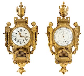 A FRENCH ORMOLU BRONZE WALL CLOCK AND BAROMETER, LATE 19TH CENTURY