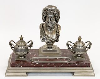 A FRENCH GRANITE AND SILVER-PATINATED DESK SET, LATE 19TH CENTURY