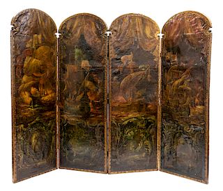 A FOUR-PART CONTINENTAL STYLE PAINTED LEATHER SCREEN, 19TH CENTURY