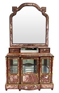 A LOUIS XVI STYLE MARBLE- AND ORMOLU BRONZE-MOUNTED MAHOGANY SIDE CABINET WITH MIRROR, SECOND HALF OF 20TH CENTURY