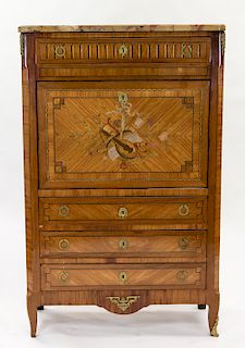 A FRENCH MARQUETRY AND PARQUETRY CHEST WITH BRECCIA TOP, LATE 19TH CENTURY