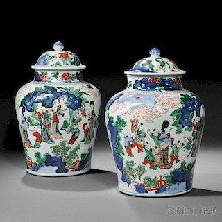 Pair of Wucai Covered Jars