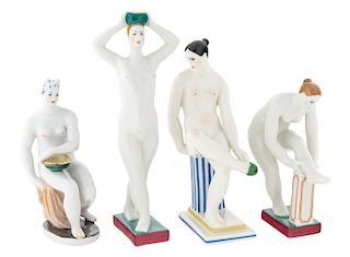 A GROUP OF FOUR SOVIET PORCELAIN FIGURINES OF BATHERS FROM THE 'BANYA' SERIES AFTER ALEKSANDR MATVEEV (RUSSIAN 1878-1960), LENINGRAD PORCELAIN FACTORY
