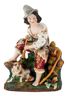 A RUSSIAN PORCELAIN FIGURE GROUP OF A FLUTIST WITH DOG, LIKELY KORNILOV PORCELAIN FACTORY, 19TH CENTURY