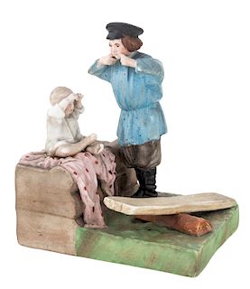 A RUSSIAN PORCELAIN FIGURAL GROUP OF A PAIR OF PEASANT CHILDREN, GARDNER PORCELAIN FACTORY, VERBILKI, MOSCOW, 1870S-1890S