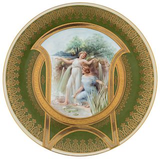 A RUSSIAN PORCELAIN PLATE WITH MAIDENS, KUZNETSOV PORCELAIN FACTORY, MOSCOW, 1889-1917