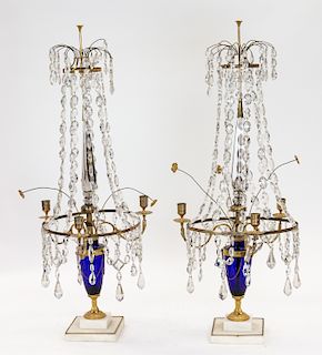 A PAIR OF RUSSIAN CUT CRYSTAL AND COBALT GLASS CANDELABRA, 19TH CENTURY
