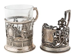 A PAIR OF RUSSIAN SILVER PODSTAKANNIKI, WORKMASTER IVAN KHLEBNIKOV, MOSCOW, 1867-1871