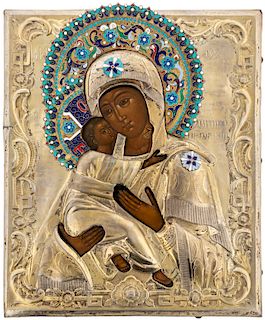 A RUSSIAN ICON OF THE VLADIMIRSKAYA MOTHER OF GOD WITH GILT SILVER AND CLOISONNE ENAMEL OKLAD, WORKMASTER IAKOV VITALIEV, MOSCOW, 1837
