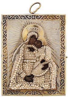 A RUSSIAN TRAVELING ICON OF THE  THE VIRGIN OF TENDERNESS (UMILENIE) WITH GILT SILVER AND SEED PEARL OKLAD, MOSCOW, 1861