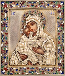 A RUSSIAN ICON OF THE VLADIMIRSKAYA MOTHER OF GOD WITH GILT SILVER, SEED PEARL AND ENAMEL OKLAD, WORKMASTER ANDREY POSTNIKOV, MOSCOW, 1883 