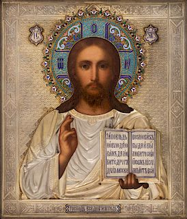 A RUSSIAN ICON OF CHRIST PANTOCRATOR WITH GILT SILVER, CLOISONNE AND CHAMPLEVE ENAMEL OKLAD, WORKMASTER ALEKSANDR MUKHIN, MOSCOW, 1886