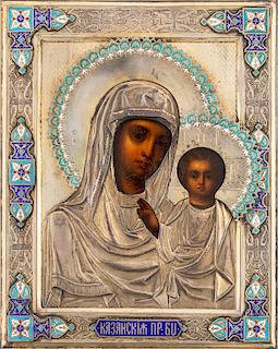 A RUSSIAN ICON OF THE KAZANSKAYA MOTHER OF GOD WITH SILVER, CHAMPLEVE AND CLOISONNE ENAMEL OKLAD, MOSCOW, 1893