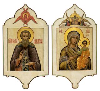 A PAIR OF MONUMENTAL RUSSIAN ICONS OF THE MOTHER OF GOD AND ST. SERGIUS OF RADONEZH, CIRCA 1900