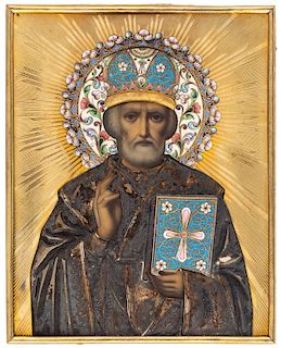 A RUSSIAN ICON OF ST. NICHOLAS THE WONDERWORKER WITH GILT SILVER AND SHADED CLOISONNE ENAMEL OKLAD, WORKMASTER PAVEL OVCHINNIKOV, MOSCOW 1908-1917