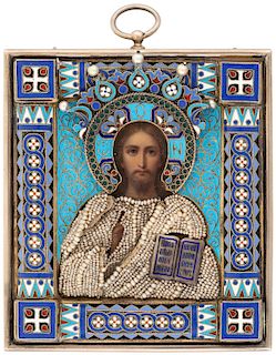 A RUSSIAN TRAVELING ICON OF CHRIST PANTOCRATOR WITH SILVER, SEED PEARL, CLOISONNE AND CHAMPLEVE OKLAD, WORKMASTER PAVEL OVCHINNIKOV, MOSCOW, 1899-1908