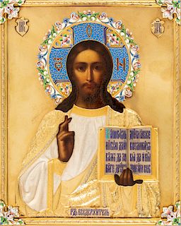 A RUSSIAN ICON OF CHRIST PANTOCRATOR WITH GILT SILVER, SHADED CLOISONNE AND CHAMPLEVE ENAMEL OKLAD, 1899-1908