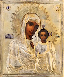A RUSSIAN ICON OF THE KAZANSKAYA MOTHER OF GOD WITH GILT SILVER AND CHAMPLEVE ENAMEL OKLAD, MOSCOW, 1908-1917 