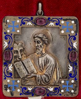 A RUSSIAN GILT SILVER, CHAMPLEVE ENAMEL AND GEMSTONE TRAVELING ICON OF ST. MARK THE APOSTLE, WORKMASTER DMITRY SMIRNOV, MOSCOW, 1908-1917