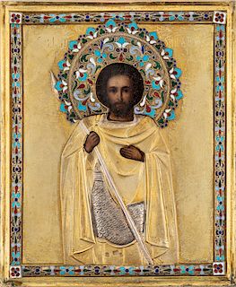 A RUSSIAN ICON OF ST. JOHN THE WARRIOR WITH GILT SILVER AND CLOISONNE ENAMEL OKLAD, 1896-1908