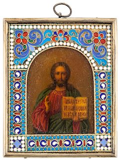 A RUSSIAN TRAVELING ICON OF CHRIST PANTOCRATOR WITH GILT SILVER AND CLOISONNE ENAMEL FRAME, V. MOROZOV, MOSCOW, 1908-1917