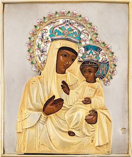 A RUSSIAN ICON OF THE IVERSKAYA MOTHER OF GOD WITH GILT SILVER AND SHADED CLOISONNE ENAMEL OKLAD, MOSCOW, 1908-1917