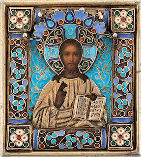 A RUSSIAN MINIATURE ICON OF CHRIST PANTOCRATOR WITH GILT SILVER AND CLOISONNE ENAMEL OKLAD, WORKMASTER PAVEL OVCHINNIKOV, MOSCOW, 1853-1888