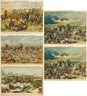 A GROUP OF FIVE RUSSIAN LUBOK POSTERS OF COSSACKS IN WORLD WAR I, CIRCA 1914-1915