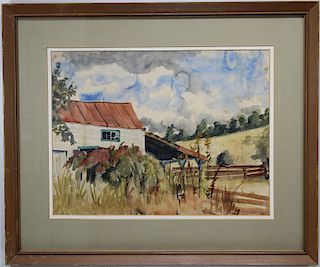 American School, Signed Rural Landscape Watercolor