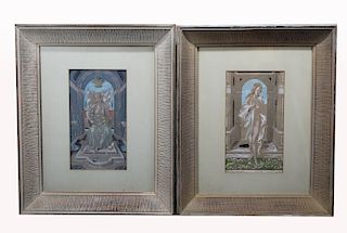 (2) Framed 19th C. Mixed Media Paintings of Women