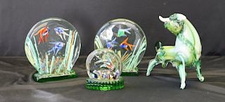 Murano Glass Sculptures of 3 Fish Bowls & A Bull.