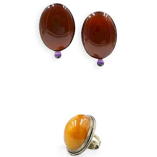 (3 Pc) Collection Of Amber and Sterling Jewelry