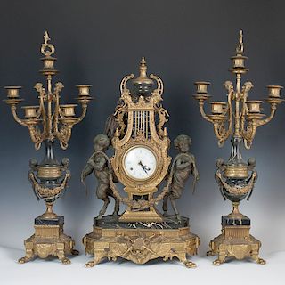 Italian Imperial Two Tone Bronze Marble Clock Set