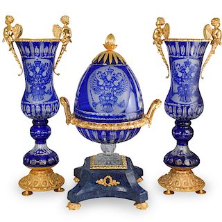 Imperial Style Crystal, Bronze and Lapis Garniture Set