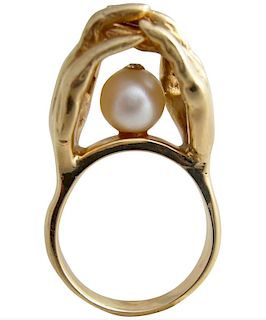 Gold Hands With Pearl Love Cocktail Ring