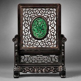 Wood Table Screen with Green Jade Inset