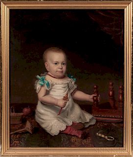 American School, Mid-19th Century  Portrait of a Child with a Rattle