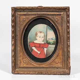 American School, Early 19th Century  Miniature Portrait of a Boy in a Red Dress
