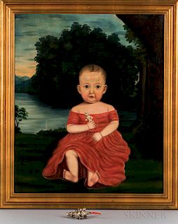 American School, 19th Century  Portrait of a Child in a Red Dress Holding a Silver Rattle