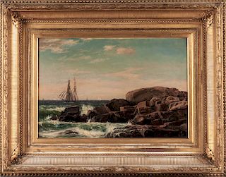 John Erik Christian Petersen (Massachusetts/Denmark, 1839-1874)  Sailing Ship Near a Rocky Shore