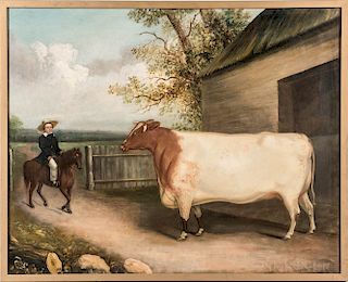 Anglo/American School, 19th Century  Portrait of a Cow and Horse and Rider