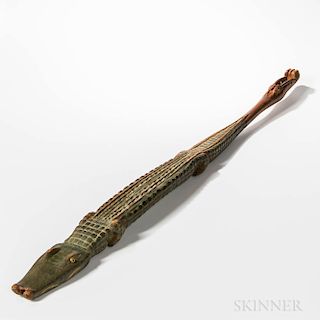 Carved and Green-painted Alligator-form Folk Art Instrument
