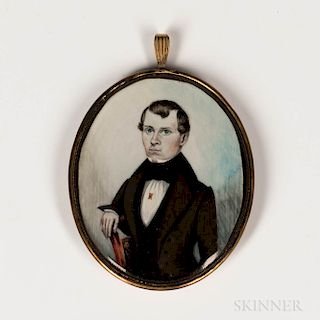 American School, Mid-19th Century  Miniature Portrait of a Man Seated in a Red Chair
